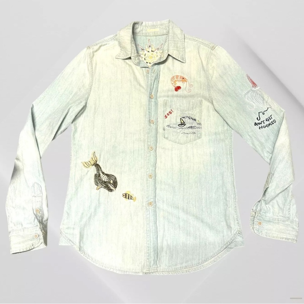 MOTHER Foxy Boxy Buried Treasure Embroidered Shirt Denim Indigo In Blue S Small - Picture 6 of 9